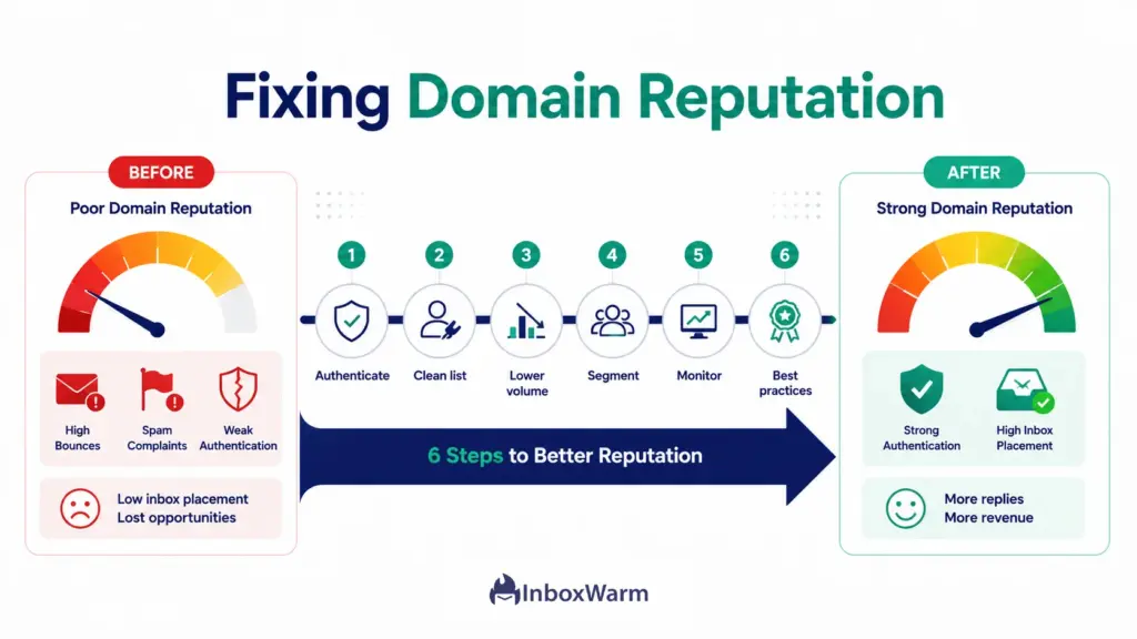 Before-and-after infographic showing six steps to fix a bad domain reputation, from authentication to deliverability best practices