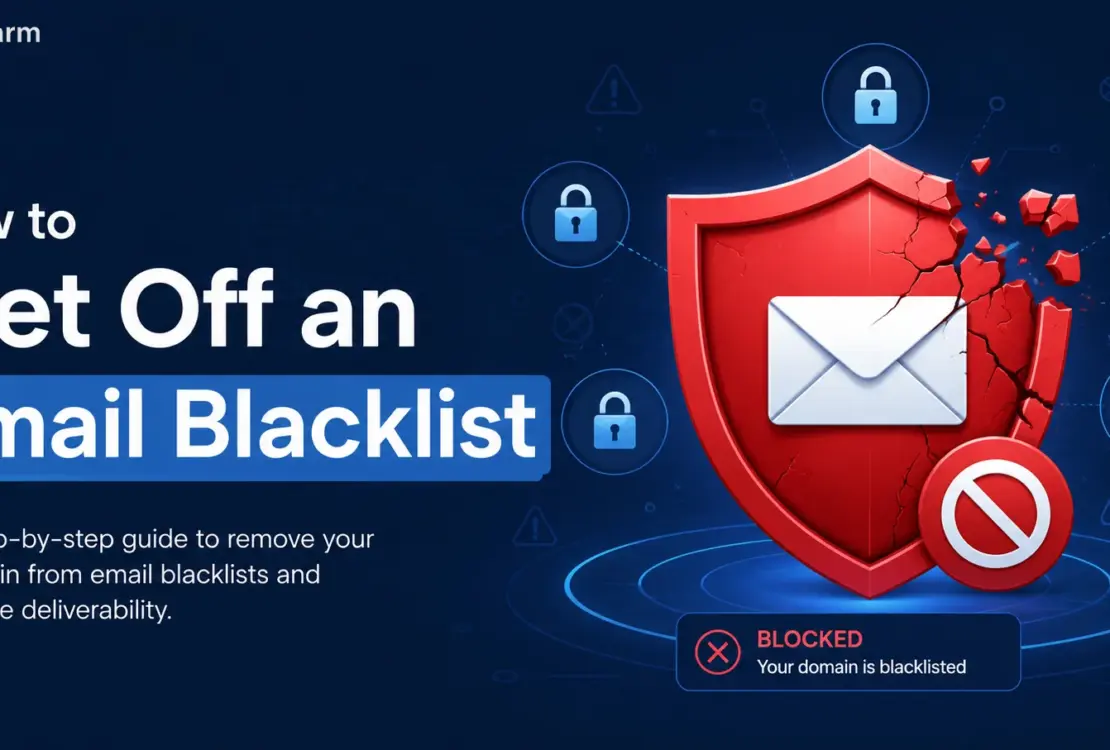 Email blacklist removal guide hero image showing a blocked email domain with shield and envelope icons