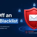 Email blacklist removal guide hero image showing a blocked email domain with shield and envelope icons