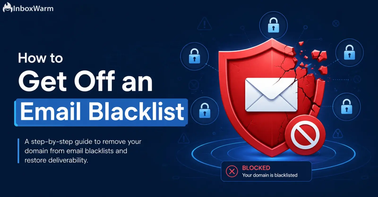 Email blacklist removal guide hero image showing a blocked email domain with shield and envelope icons
