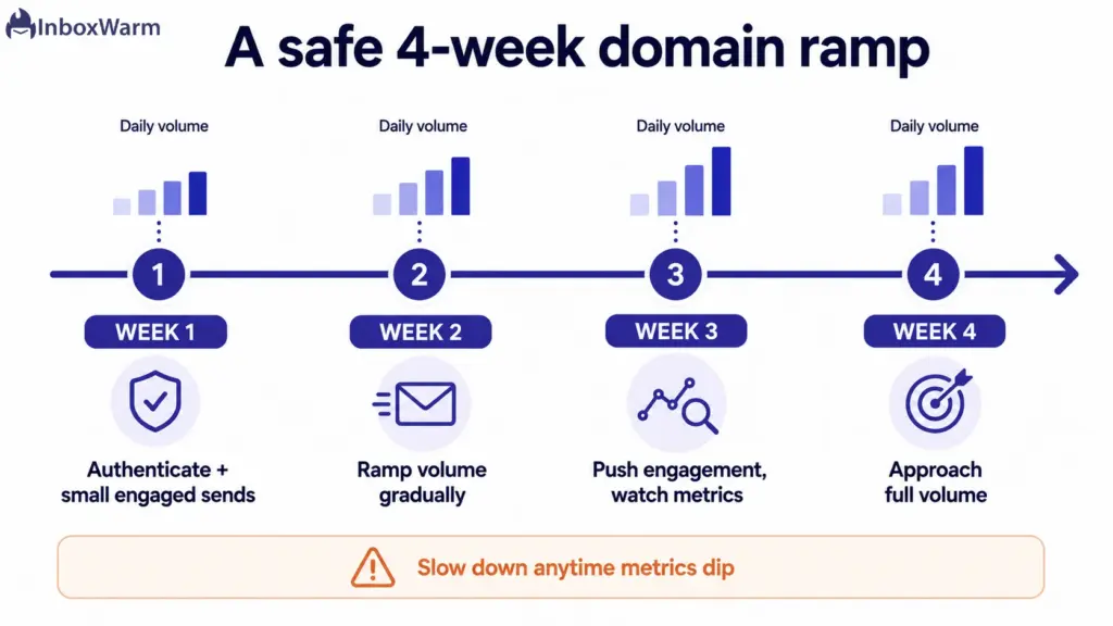 Four-week timeline showing a gradual domain warm-up ramp with rising daily volume