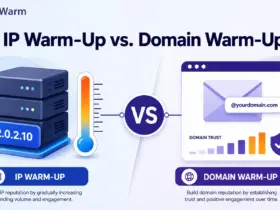 IP warm-up vs. domain warm-up shown as two side-by-side concepts connected by a VS medallion