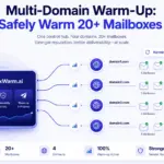 Multi-domain warm-up hero showing one dashboard hub managing 20+ mailboxes across four domains at scale