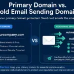 Comparison of a protected primary domain and a separate cold email sending domain, showing how outreach emails can be isolated to protect brand reputation