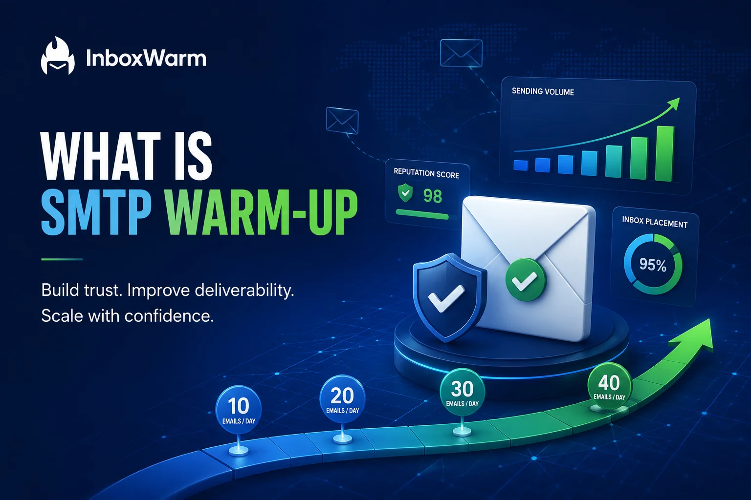 SMTP warm-up dashboard showing gradual email volume growth, sender reputation building, and improved inbox placement
