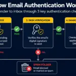 Email authentication flow diagram showing how SPF, DKIM, and DMARC checks determine inbox or spam delivery