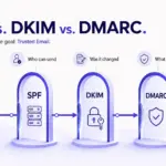 Diagram of an email passing through SPF, DKIM, and DMARC checkpoints in email authentication