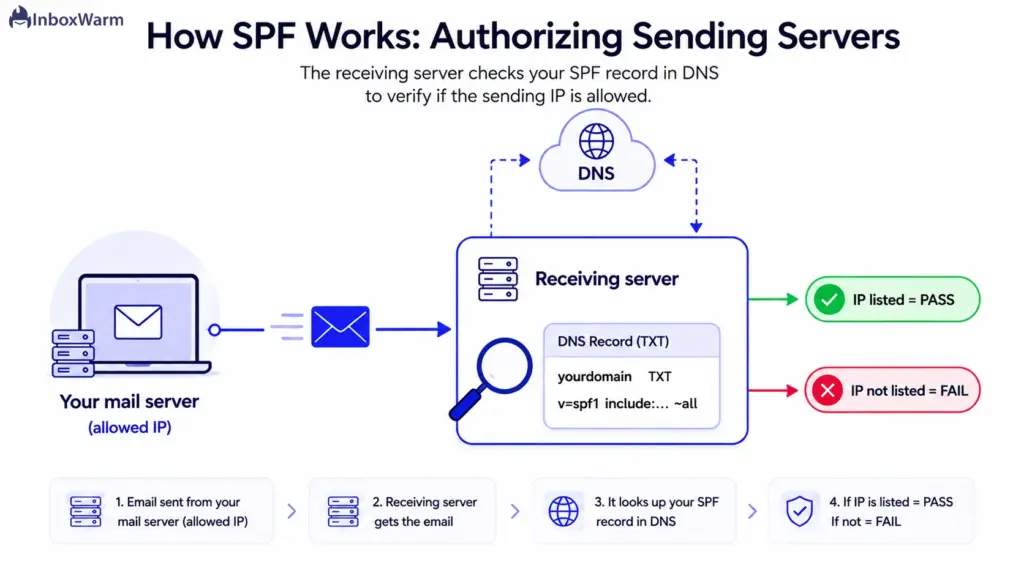 Diagram showing how an SPF record check authorizes a sending server's IP address