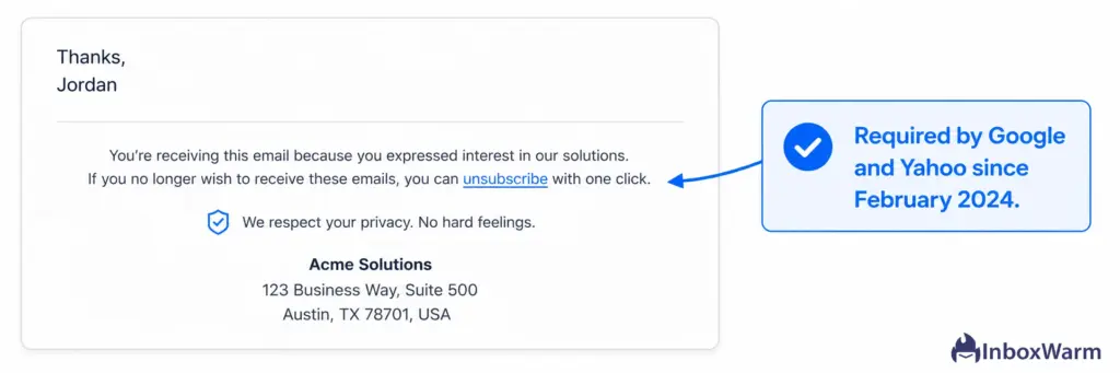 Cold email unsubscribe footer example compliant with Google and Yahoo 2024 requirements