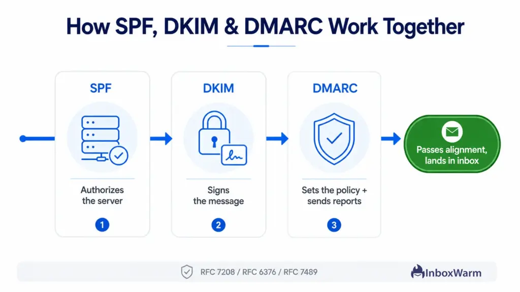 Infographic of SPF, DKIM, and DMARC working together to satisfy Google and Yahoo email authentication requirements