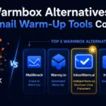 Comparison banner showing a cracked Warmbox logo fading out on the left and five leading email warm-up alternatives on the right, with InboxWarm.ai highlighted by a gold star as a top alternative