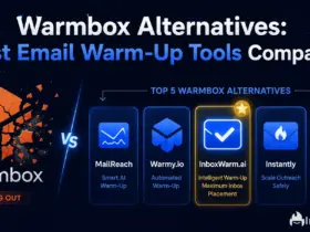 Comparison banner showing a cracked Warmbox logo fading out on the left and five leading email warm-up alternatives on the right, with InboxWarm.ai highlighted by a gold star as a top alternative