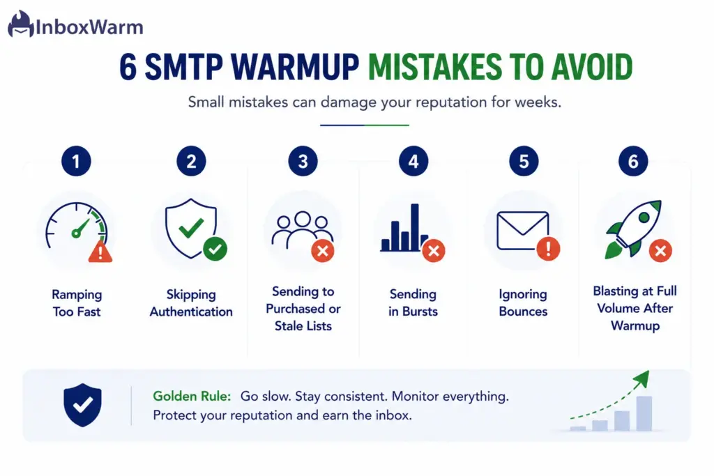 Infographic highlighting six common SMTP warm-up mistakes, including ramping too fast, skipping authentication, using poor-quality lists, inconsistent sending, ignoring bounces, and scaling too quickly