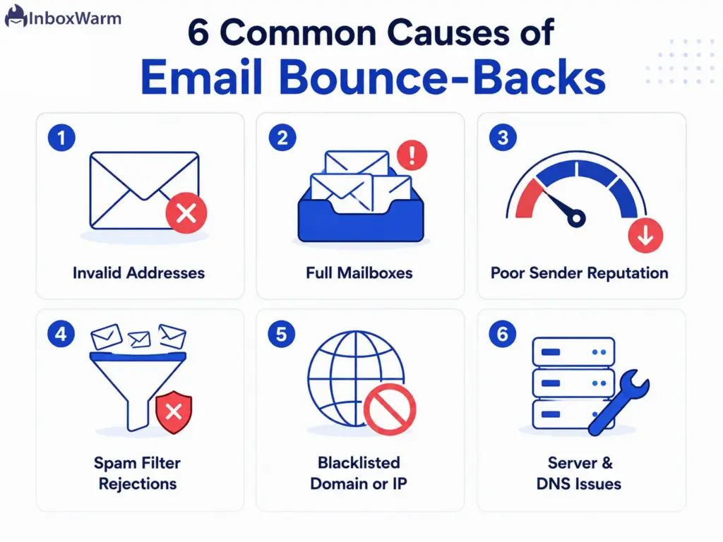 Infographic listing six common causes of email bounce-backs