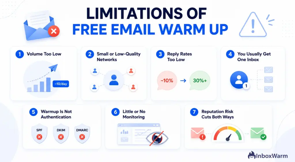 Infographic showing the main limitations of free email warmup and their impact on deliverability