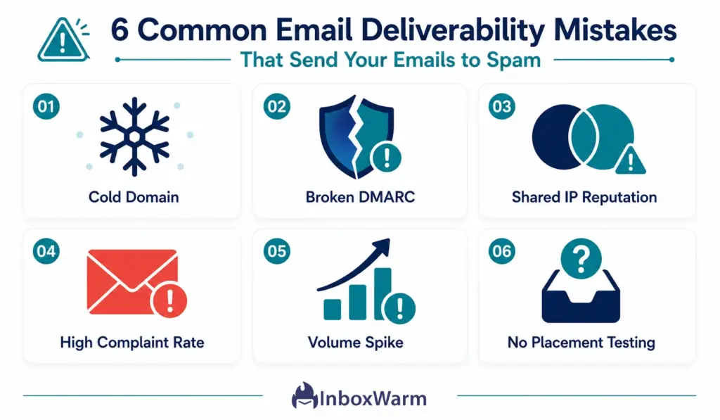 Infographic showing six common email deliverability mistakes that lead to spam folder placement: cold domain, broken DMARC, shared IP reputation issues, high complaint rates, sudden volume spikes, and lack of inbox placement testing