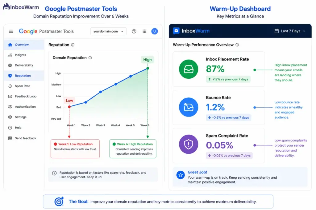 Google Postmaster Tools and warm-up dashboard mockup showing domain reputation growth, 87% inbox placement, 1.2% bounce rate, and 0.05% spam complaint rate