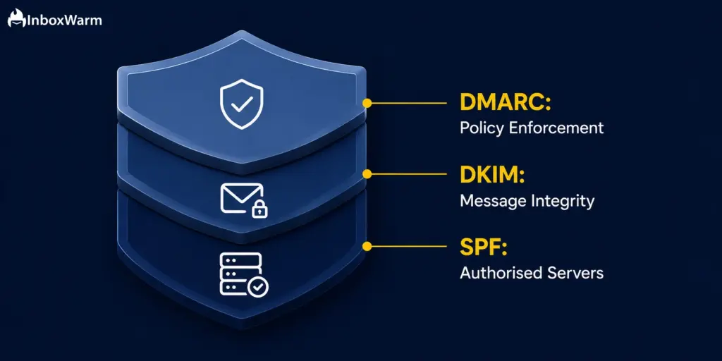 Three-layer shield showing SPF, DKIM, and DMARC as stacked email authentication protection layers