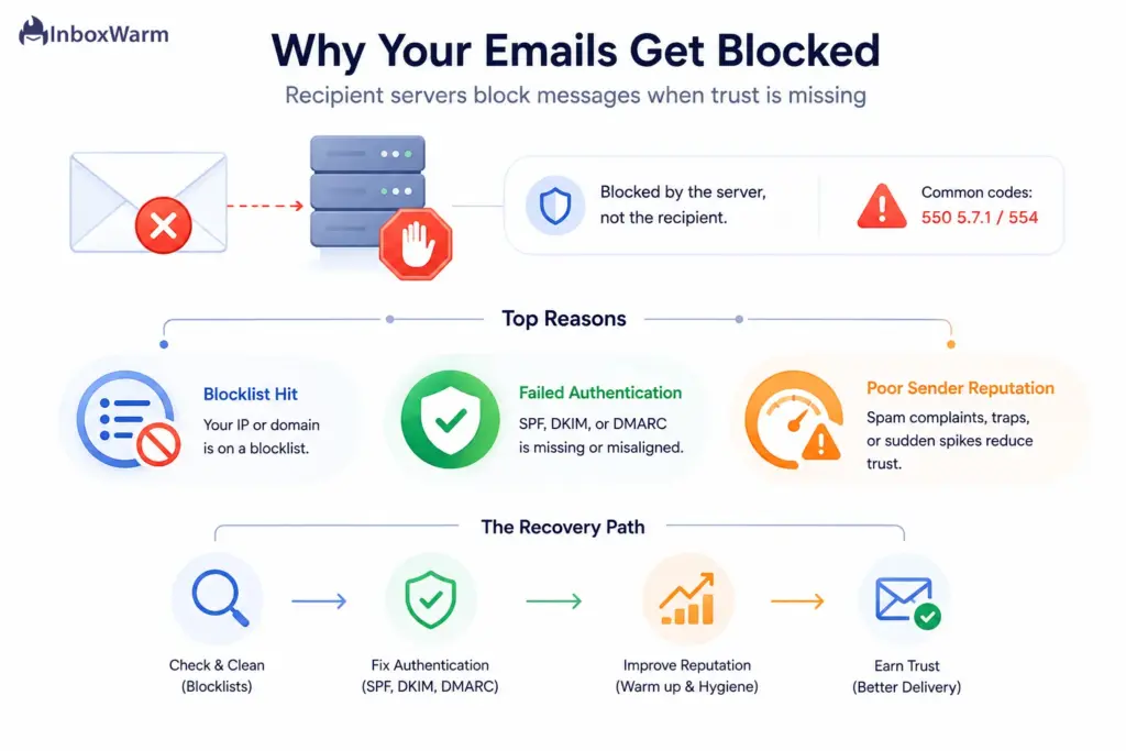 Infographic showing key causes of email server blocks and the path to restoring sender trust