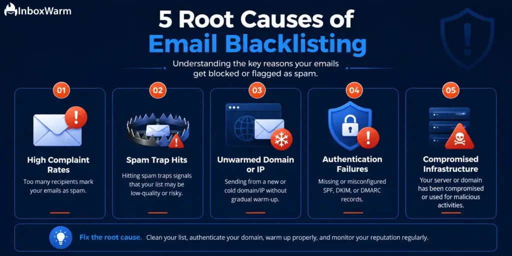 Five common causes of email blacklisting, including spam traps, authentication failures, and cold domain sending
