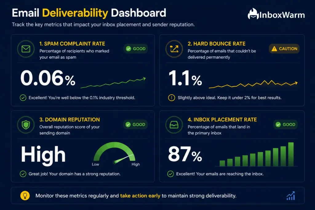 Email deliverability monitoring dashboard showing spam complaint rate, bounce rate, domain reputation, and inbox placement rate metrics