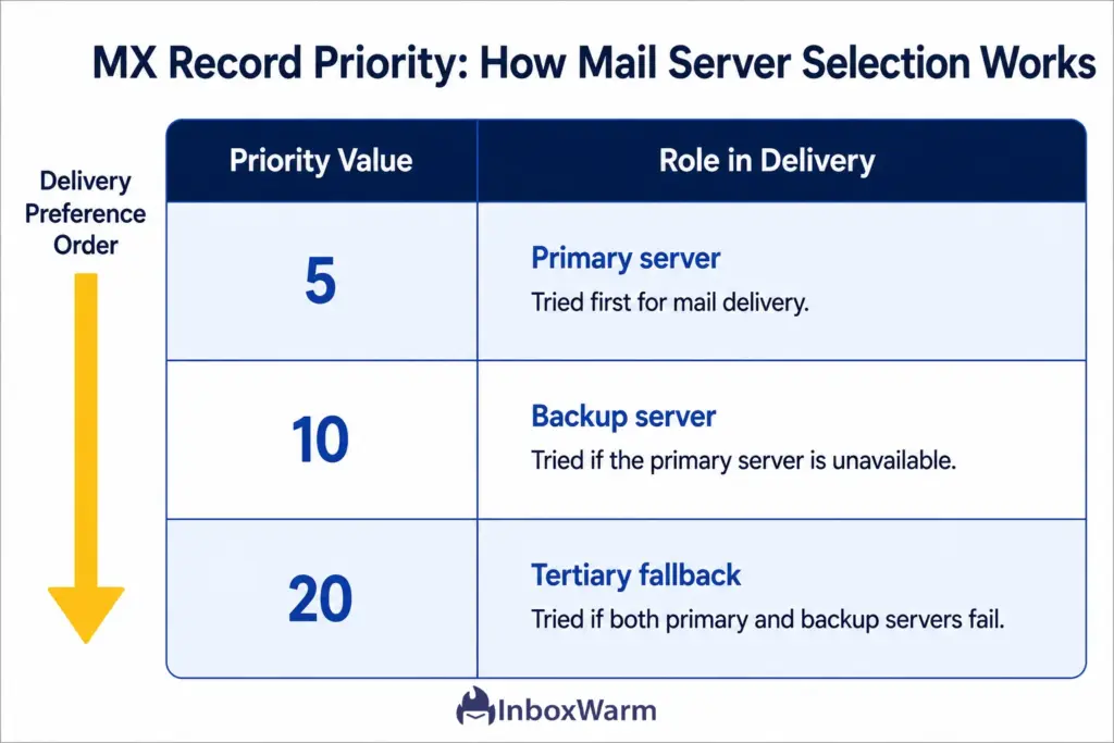 Table showing MX record priority values and mail server selection order, where Priority 5 serves as the primary server, Priority 10 acts as a backup server, and Priority 20 functions as a tertiary fallback