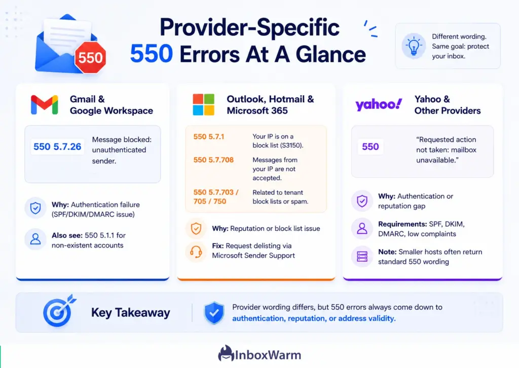 Infographic comparing how Gmail, Outlook, and Yahoo display SMTP 550 errors and what those messages typically mean