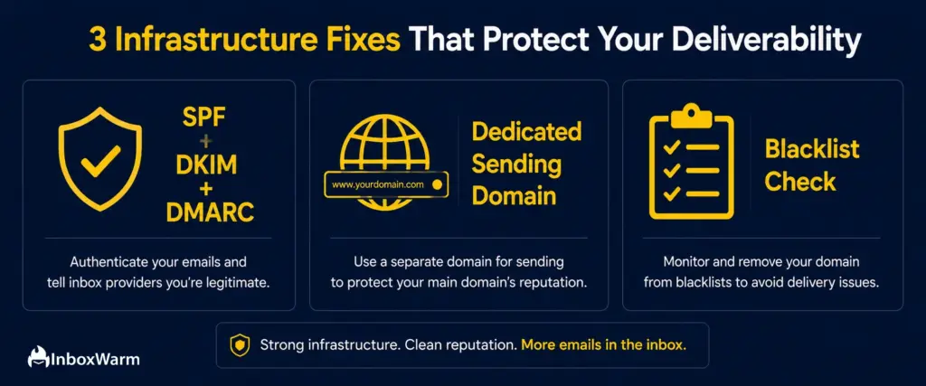 Three email deliverability infrastructure fixes: authentication setup, dedicated sending domain, and blacklist checking
