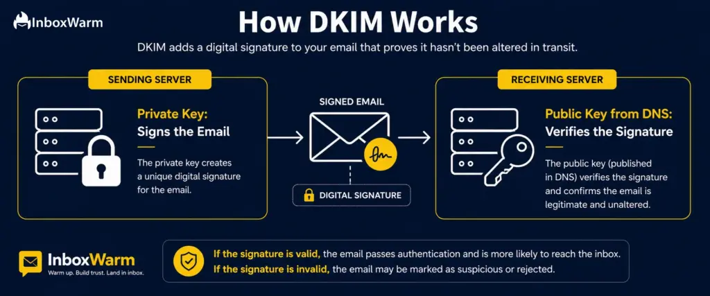 DKIM signing and verification diagram showing the private key signing the email on the sending side and the public key from DNS verifying it on the receiving side
