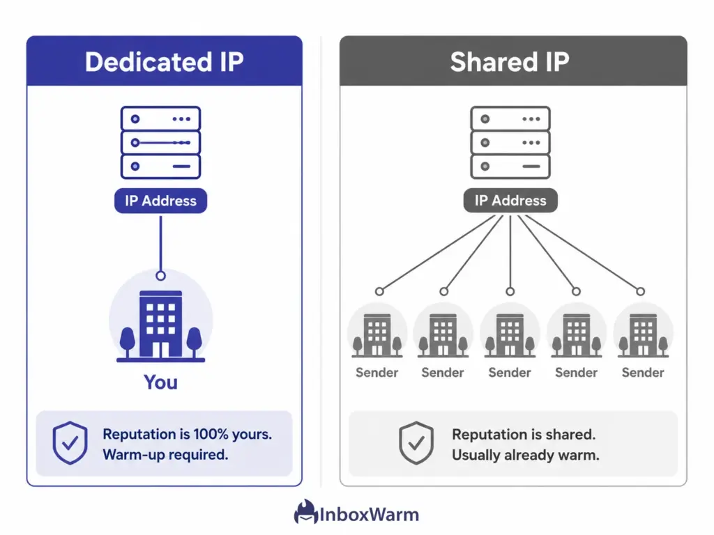 Diagram comparing a dedicated IP used by one sender with a shared IP used by many senders