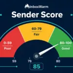 Speedometer-style Sender Score gauge showing a score of 85 in the green “Good” range, with color-coded red, yellow, and green reputation zones from 0 to 100