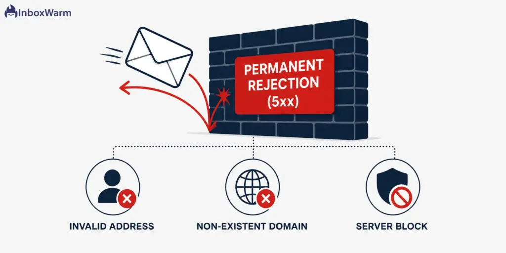 Hard bounce infographic showing an email rejected by a permanent 5xx error due to an invalid address, non-existent domain, or server block