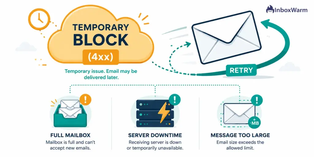 Soft bounce infographic showing temporary 4xx email delivery failures caused by a full mailbox, server downtime, or an oversized message, with automatic retry indicators