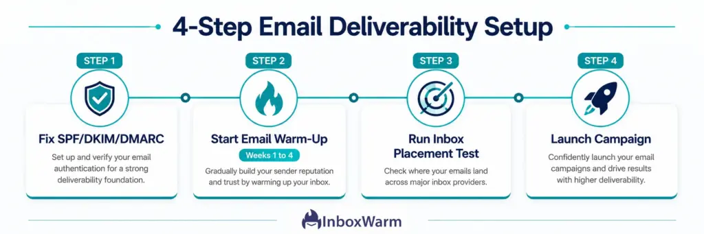 Four-step email deliverability setup timeline showing the recommended process: fix SPF, DKIM, and DMARC authentication, complete email warm-up over weeks 1–4, run an inbox placement test, and launch email campaigns