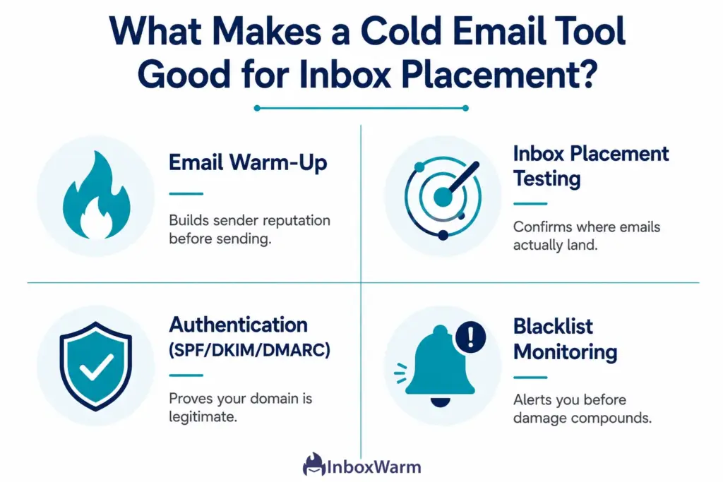 Four key deliverability capabilities to evaluate in cold email tools: warm-up, inbox placement testing, authentication, and blacklist monitoring