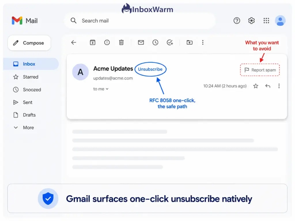 Inbox mockup showing the native one-click unsubscribe button required by Gmail and Yahoo sender requirements