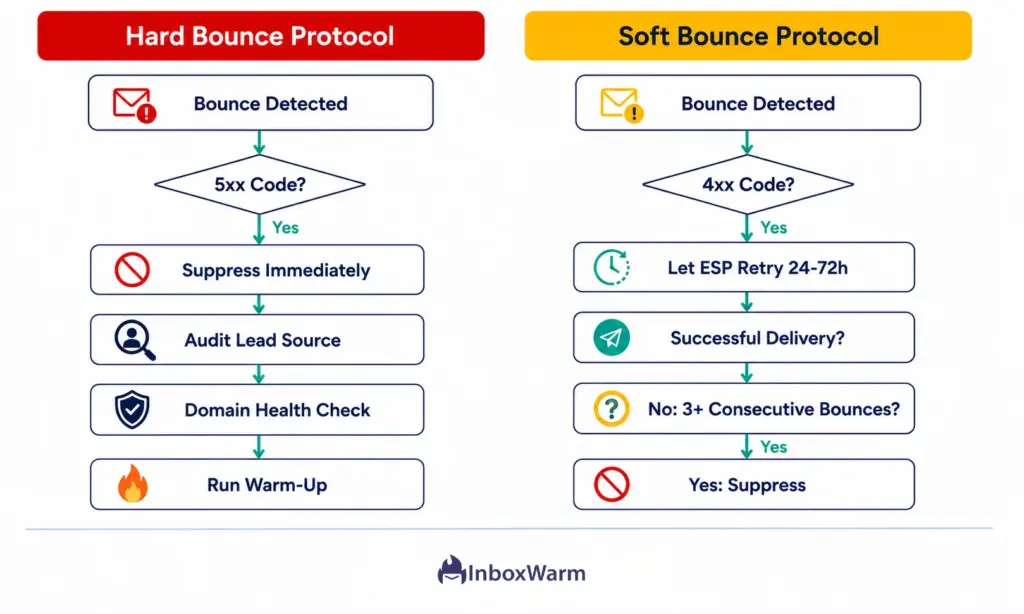 Two-column flowchart comparing hard bounce and soft bounce email response protocols, showing when to suppress addresses, retry delivery, audit sources, check domain health, and run warm-up actions
