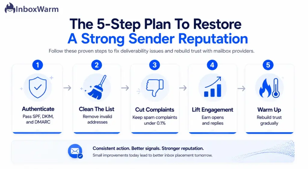 Five-step flow diagram showing how to fix a low sender reputation