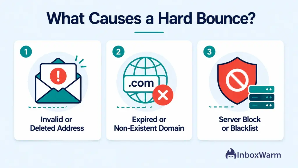 three common causes of email hard bounces: invalid or deleted email addresses, expired or non-existent domains, and server blocks or blacklisting