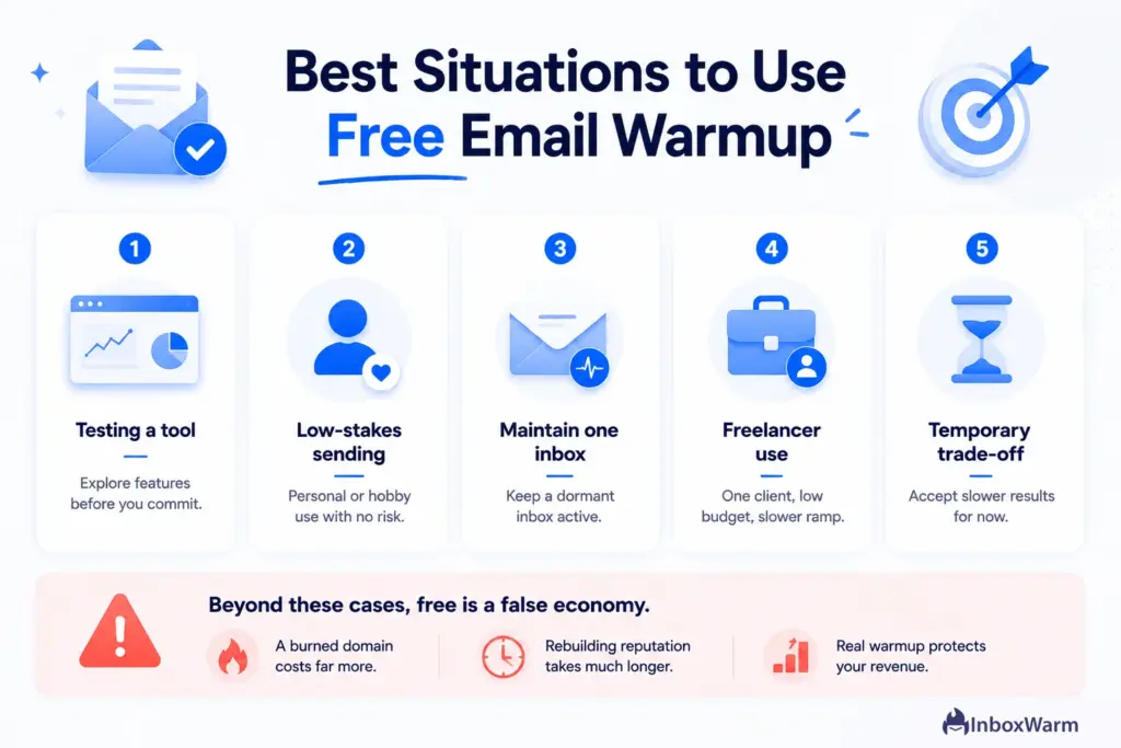 Infographic showing the best situations where free email warmup can be a practical choice