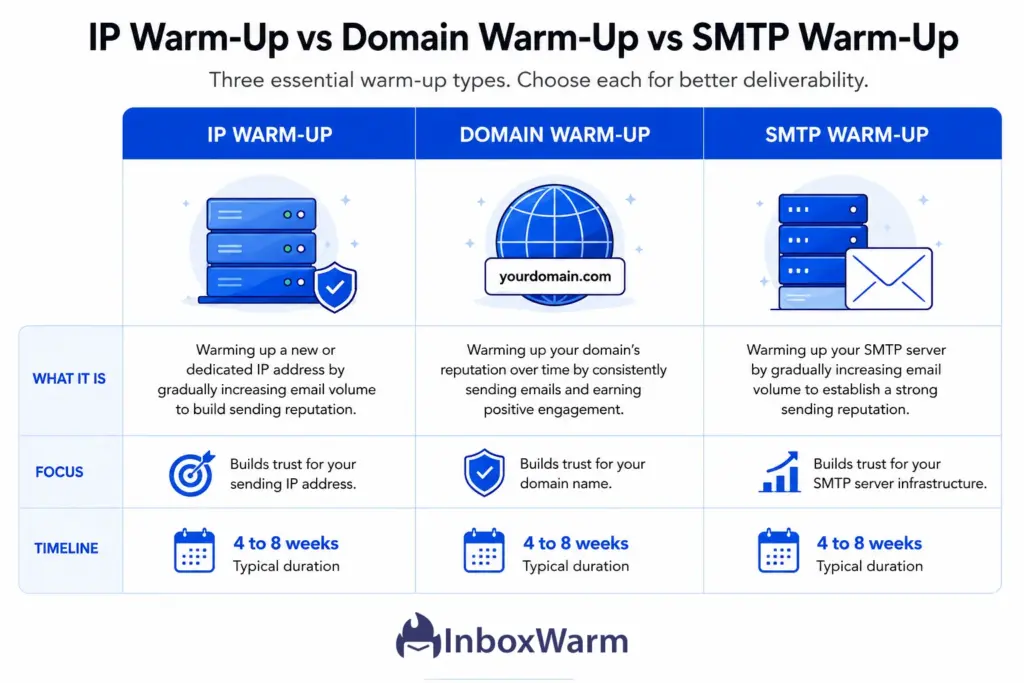 Comparison chart of IP Warm-Up, Domain Warm-Up, and SMTP Warm-Up showing definitions, reputation-building focus, and 4–8 week timelines for email deliverability