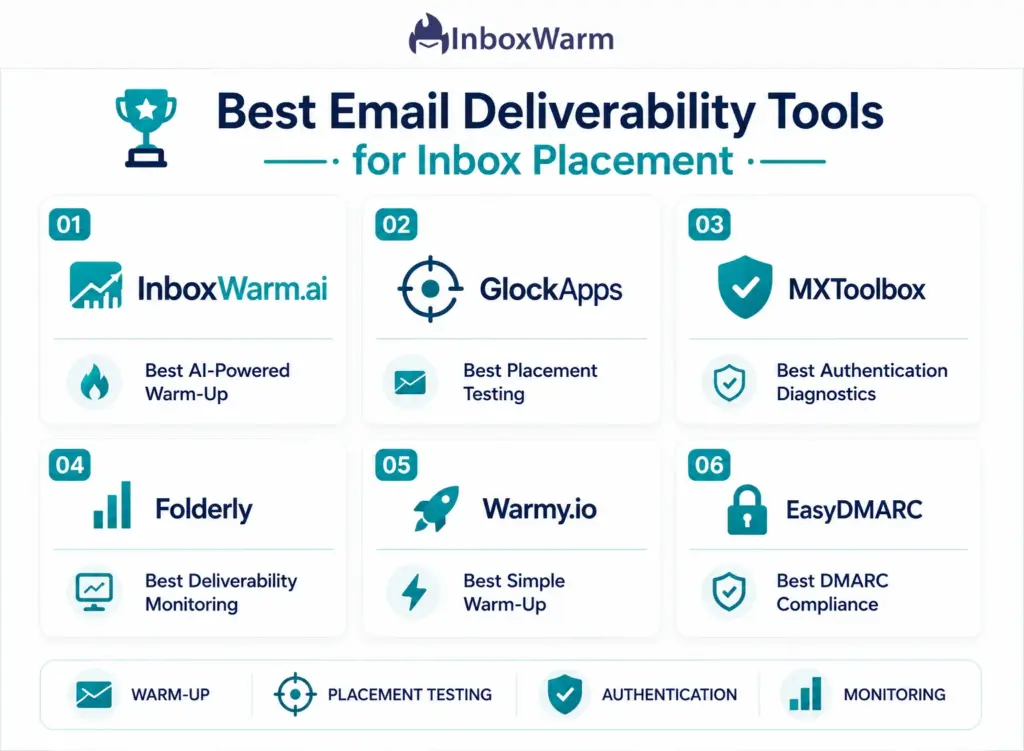 Comparison infographic ranking six email deliverability tools for inbox placement: InboxWarm, GlockApps, MXToolbox, Folderly, Warmy, and EasyDMARC, highlighting their strengths in email warm-up, placement testing, authentication monitoring, deliverability monitoring, and DMARC compliance