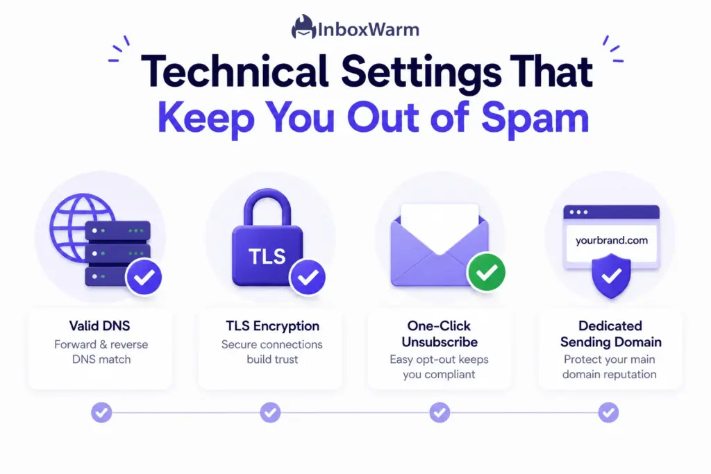 Infographic highlighting four key technical email deliverability settings—DNS records, TLS encryption, one-click unsubscribe, and a dedicated sending domain—to help emails avoid spam folders