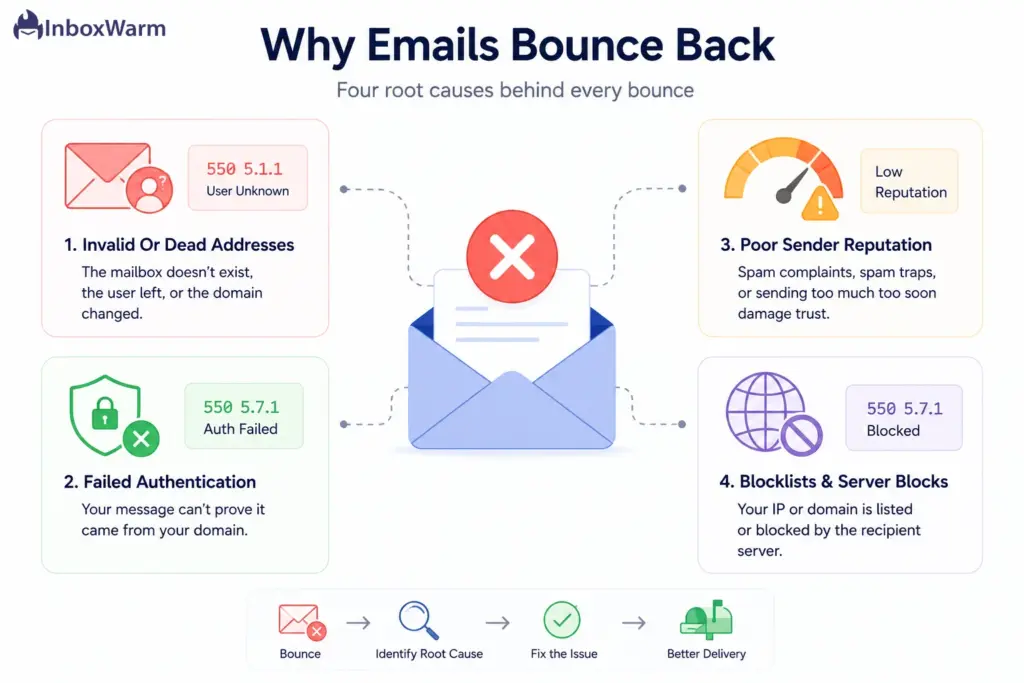 Infographic showing the four main causes of email bounces: invalid addresses, authentication failures, poor sender reputation, and blocklist rejections