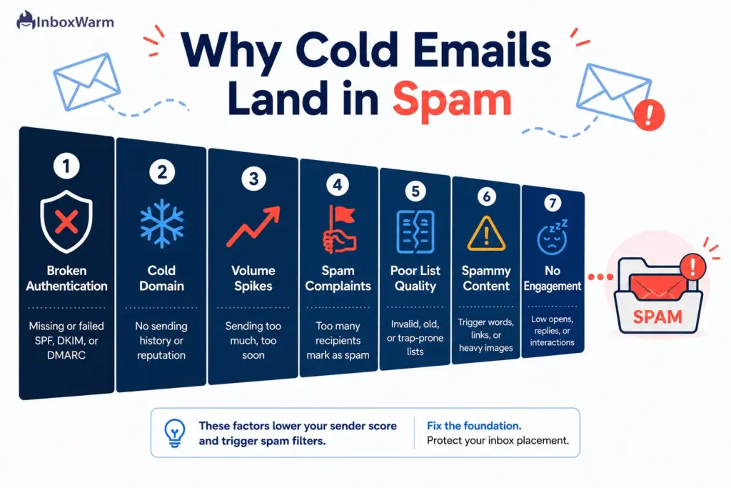 Funnel infographic listing the seven main reasons cold emails land in spam, from broken authentication to no engagement