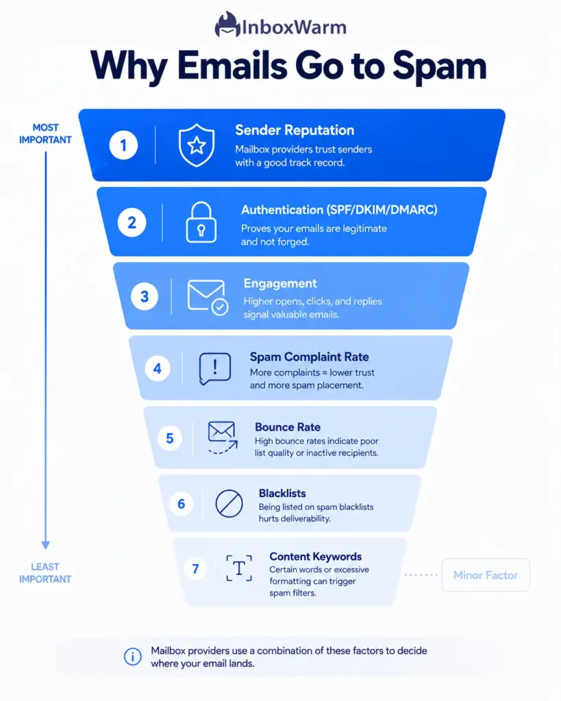 Infographic ranking why emails go to spam, with sender reputation and authentication as the biggest factors and content keywords the smallest