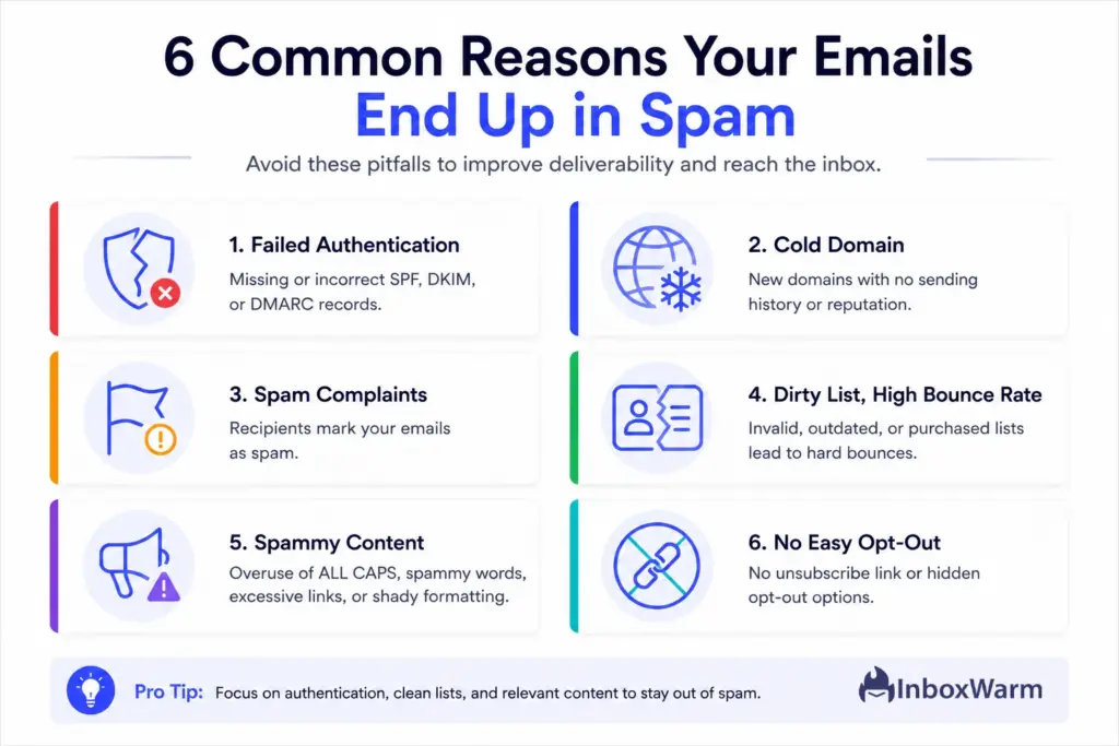 Infographic listing six common reasons emails go to spam, including failed authentication and spam complaints