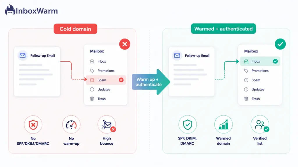 Diagram showing how warming up and authenticating a domain moves cold email follow-ups from spam to the inbox