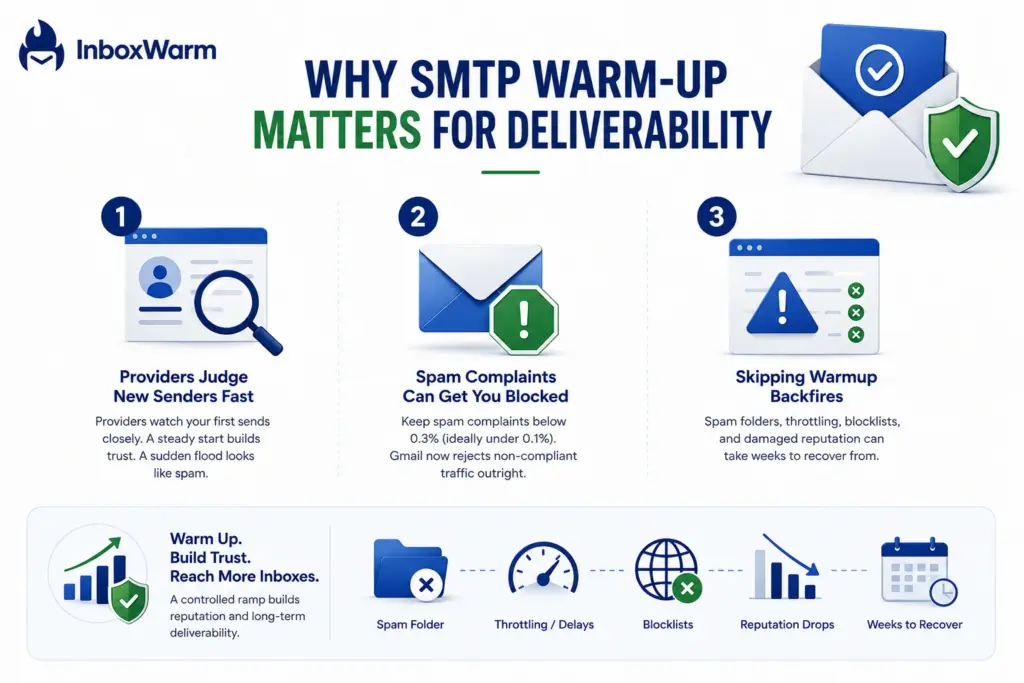 Infographic showing why SMTP warm-up improves email deliverability by building sender trust, reducing spam complaints, and preventing reputation damage