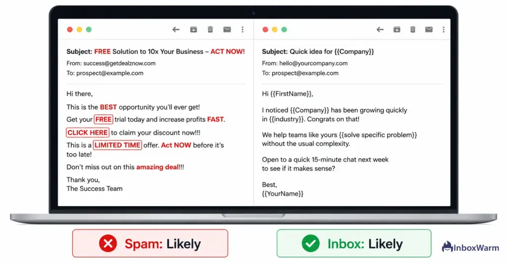 Cold email spam trigger words vs clean cold email copy comparison
